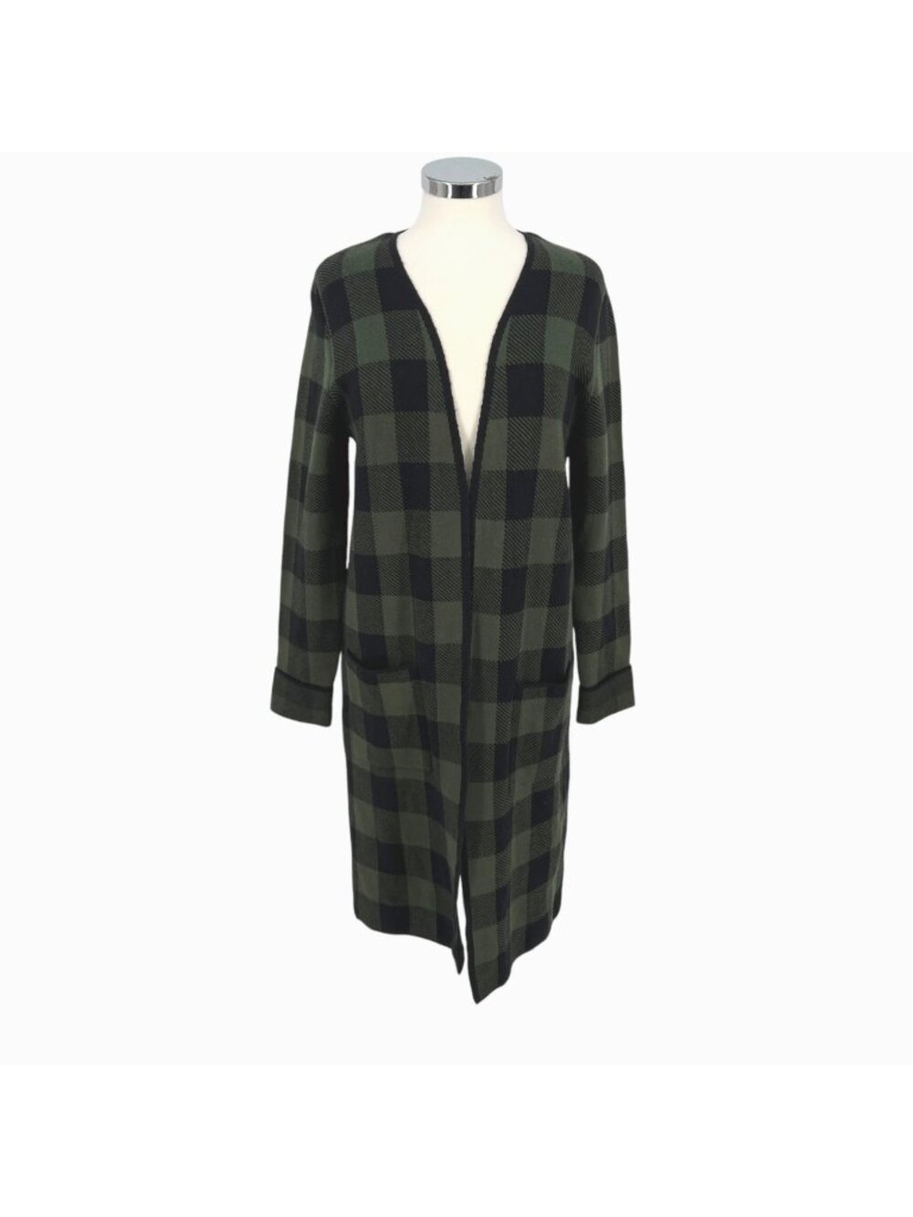 Margeaux & Ellie Plaid Long Open Cardigan Sweater Green Black Size Small